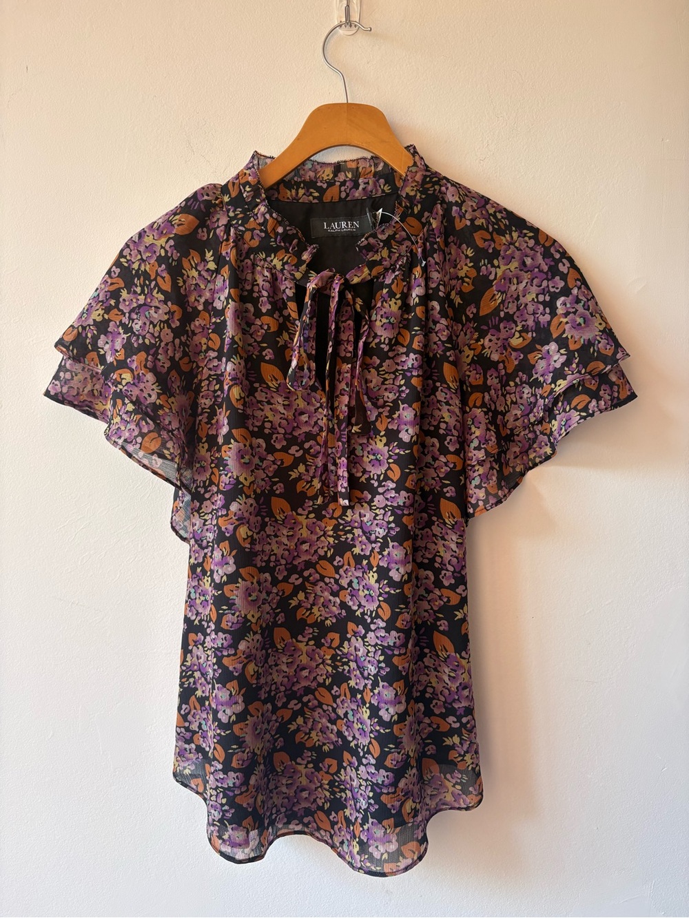 Lauren Ralph Lauren Floral Chiffon Flutter Sleeve Tie Neck Blouse Size S